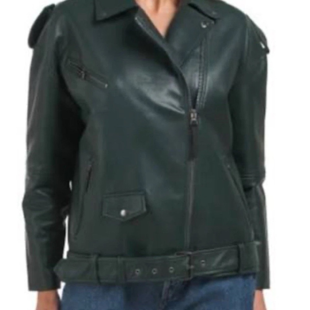 $328 Hudson Jeans Green Faux Leather Moto Biker Oversized Jacket NWT Sz Small